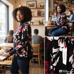 NWT Chico's Black and Red Floral Women's turtleneck Sweater